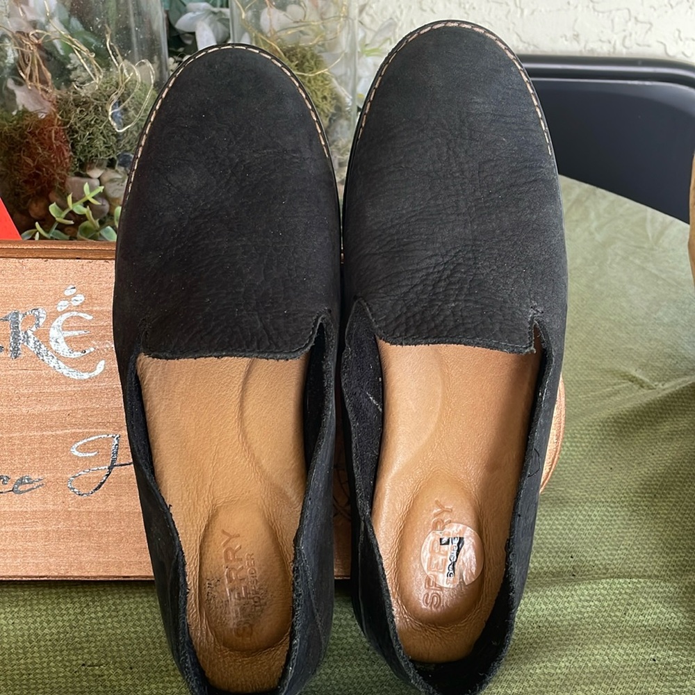 Black suede Sperry slip on